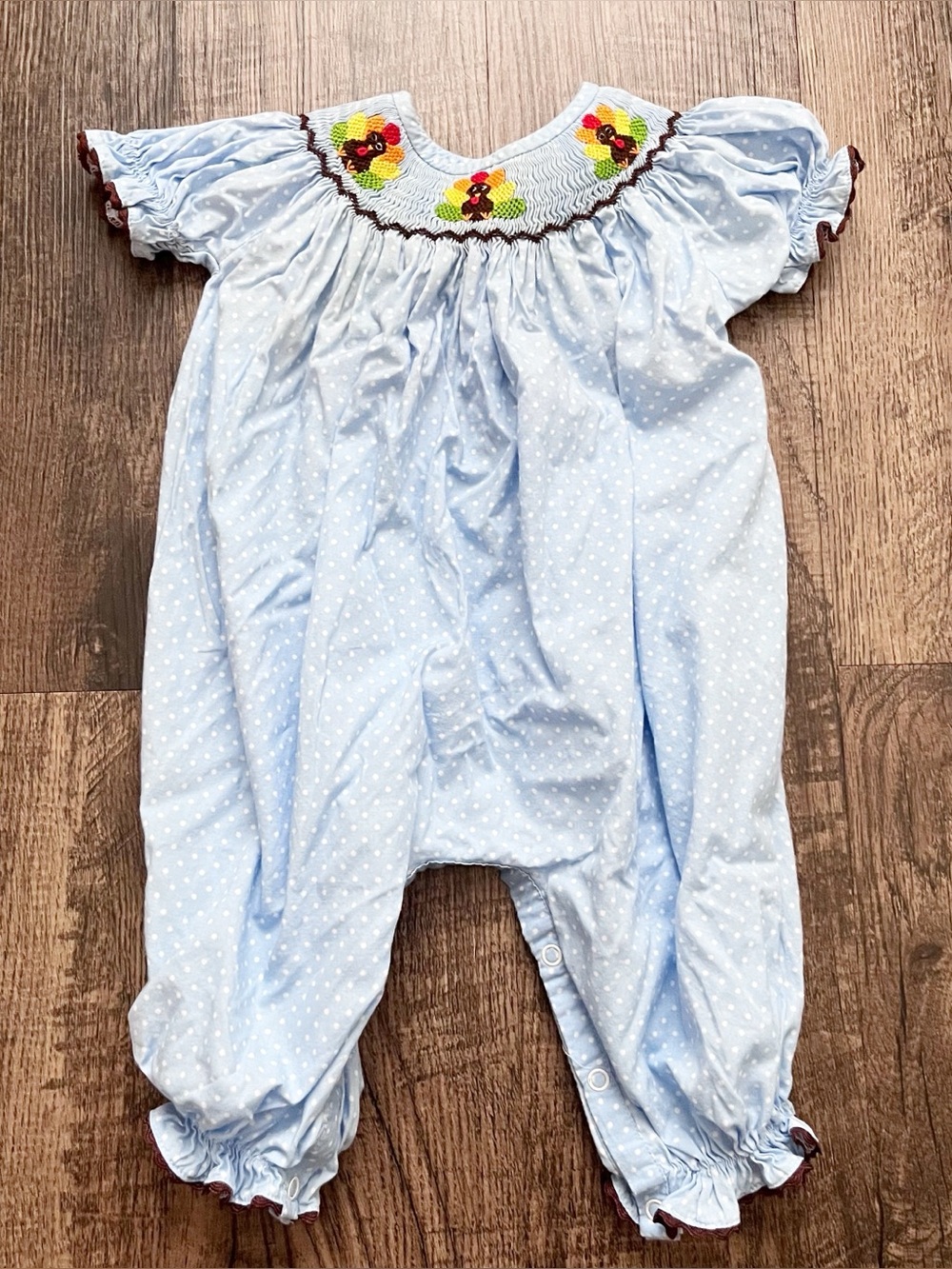 Dressie Jessie Smocking Blue Polka Dot Smocked Baby Romper Sz 3M Thanksgiving